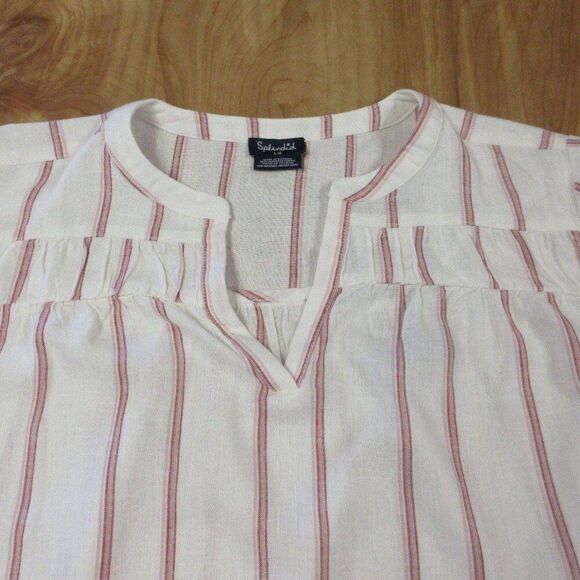 SPLENDID Linen Blend Blouse Womens L Yoked Red White Strip V Neck Top Shirt NWT - Picture 3 of 12